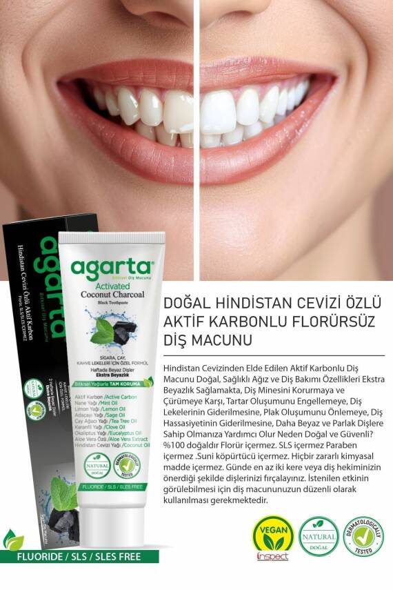 Agarta Doğal Hindistan Cevizi Özlü Aktif Karbonlu Florürsüz Diş Macunu 100 ml - 2