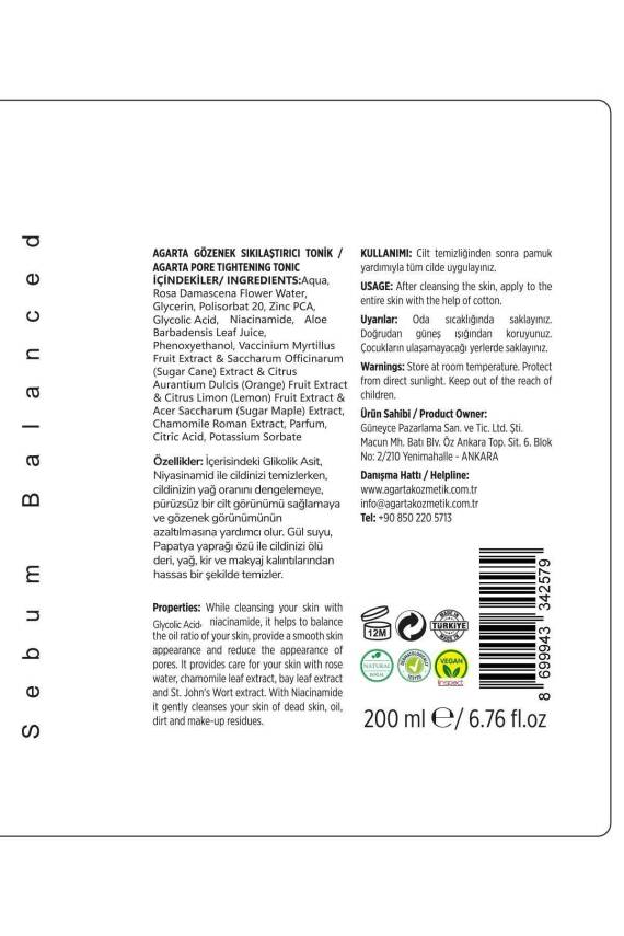 Agarta Gözenek Sıkılaştırıcı Akne Ve Sivilce Karşıtı Tonik (KARMA CİLTLER) Glycolic Acid-zinc Pca 200ml - 5