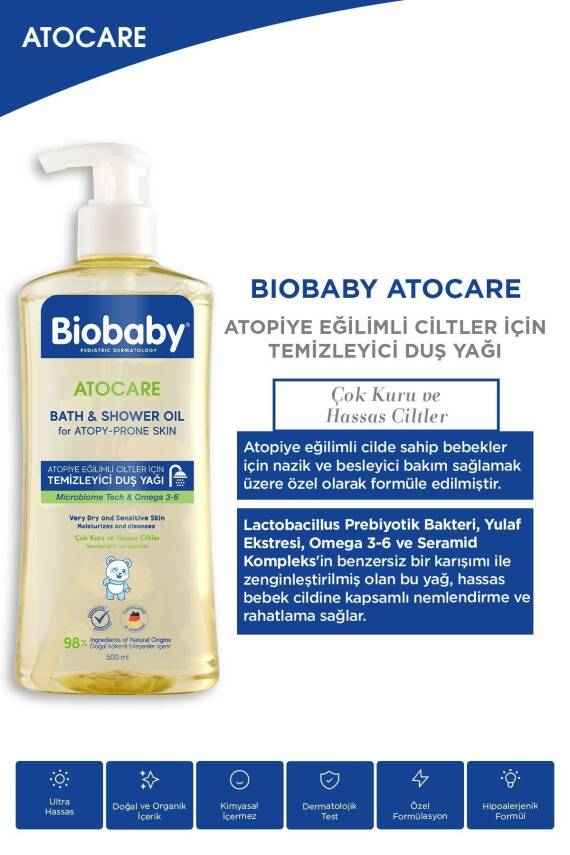 Biobaby Atocare Atopiye Eğilimli Ciltler İçin Temizleyici Duş Yağı 500ml - 7
