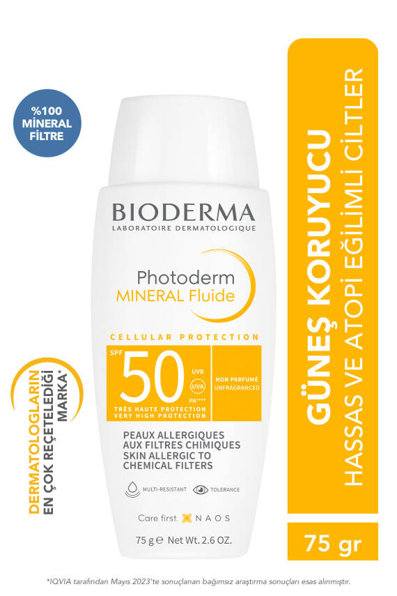 Bioderma Photoderm Mineral Fluide SPF50+ Çok Hassas Ciltler için Yüksek Korumalı Yüz, Vücut Güneş Kremi 75 gr - 1