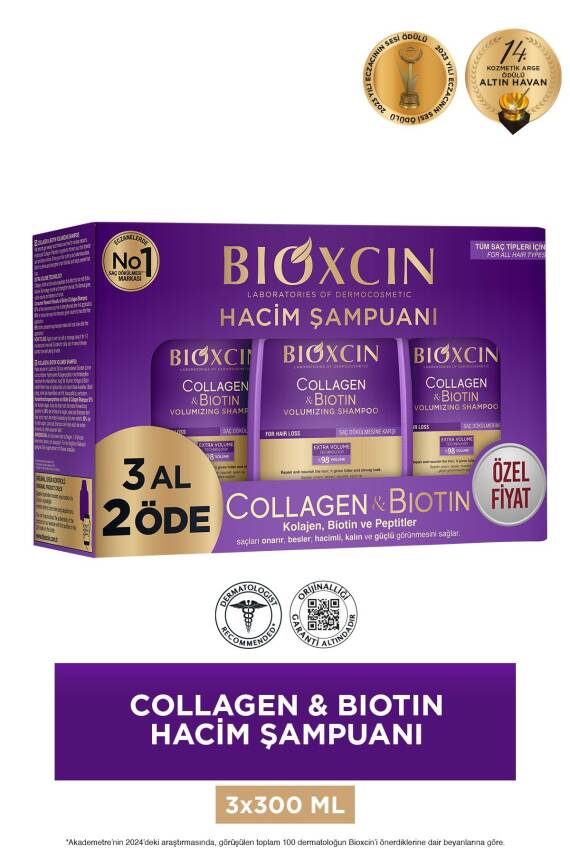 Bioxcin Collagen & Biotin Ekstra Hacim Şampuanı 3 x 300 ml 3 Al 2 Öde - Kolajen Biotin Ince Ve Seyrek Saçlar - 1