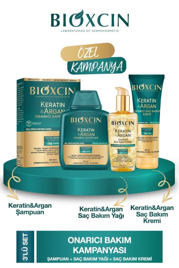 Bioxcin Keratin & Argan Onarıcı Şampuan 300ml + Keratin Argan Saç Bakım Yağı + Saç Kremi - 1
