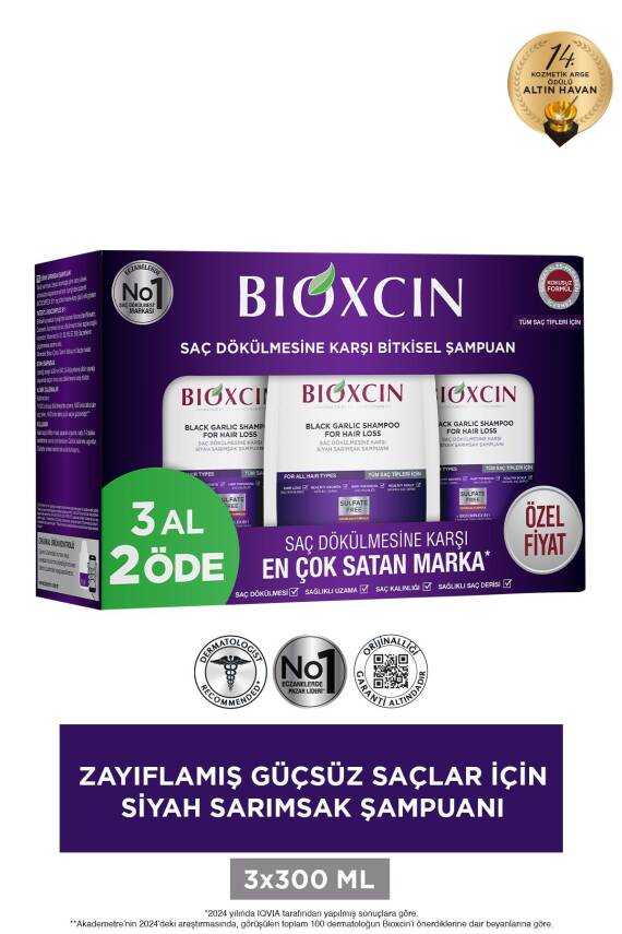 Bioxcin Siyah Sarımsak Şampuanı 3 al 2 Öde 3x300 Ml - Yıpranmış Seyrek Dökülen Saçlar - 1
