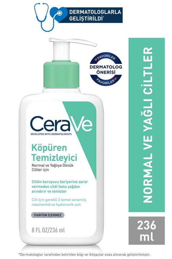 Cerave Köpüren Temizleyici Seramid Içerikli Normal & Yağlı Ciltler Yüz Vücut 236 ml - 1