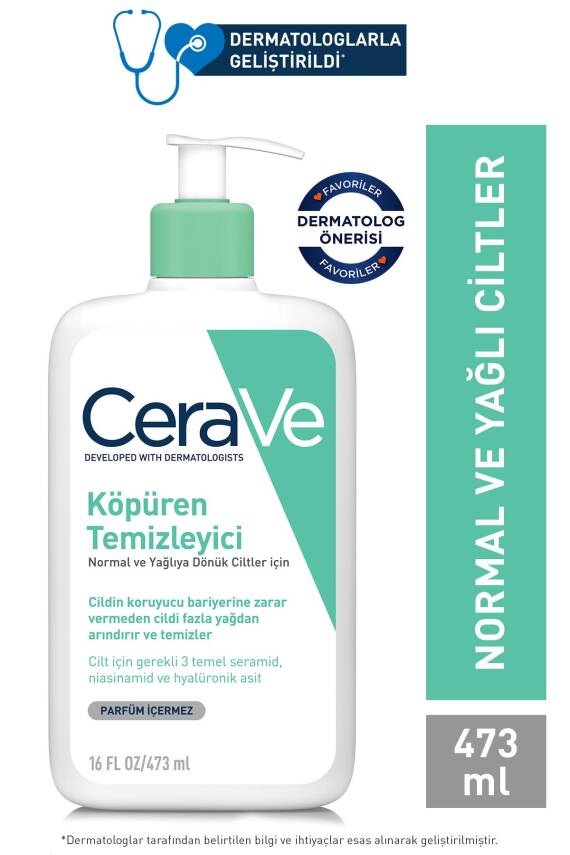 Cerave Köpüren Temizleyici Seramid Içerikli Normal & Yağlı Ciltler Yüz Vücut 473 ml - 1