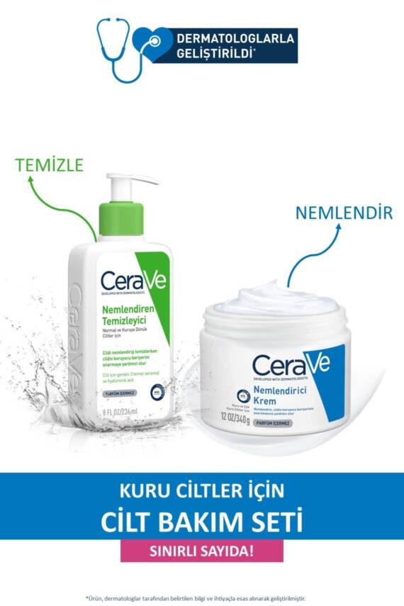 Cerave Kuru Ciltler Için Cilt Bakım Seti; Nemlendiren Temizleyici 236 ml Nemlendirici Krem Kavanoz 340 G - 1
