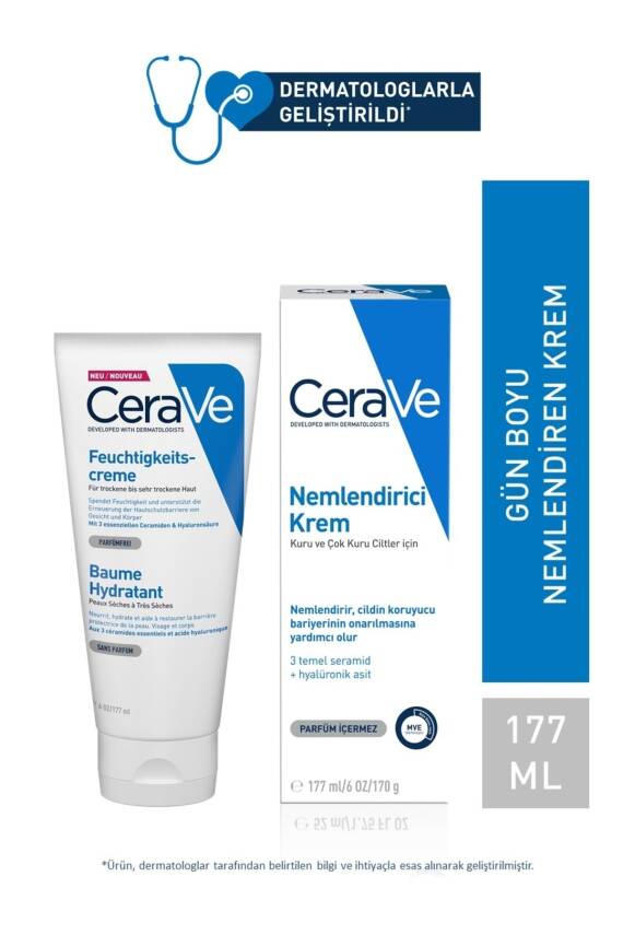 CeraVe Nemlendici Krem Kuru Ciltler Seramid ve Hyalüronik Asit İçerikli Yüz Vücut 177ml - 1