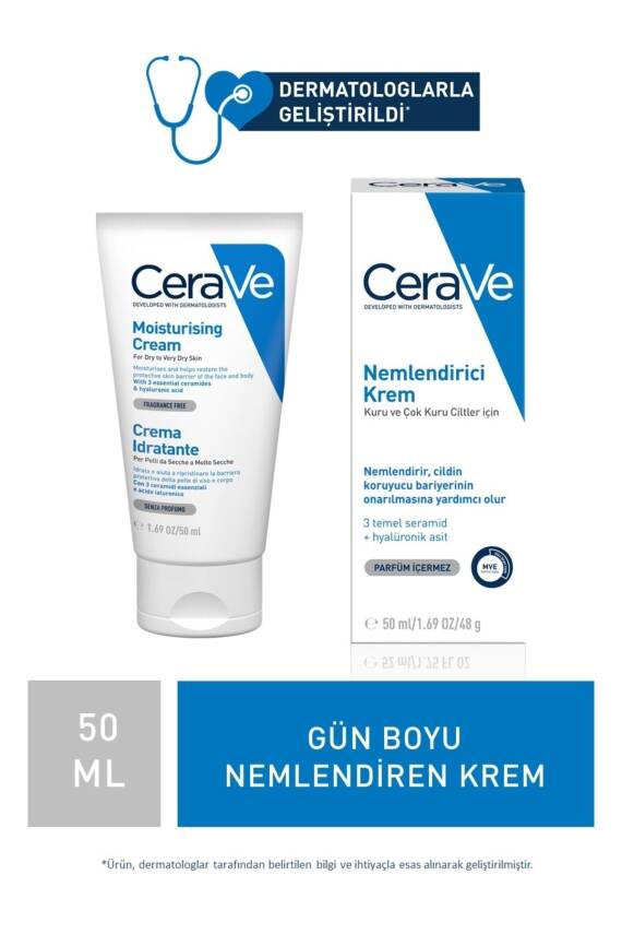Cerave Nemlendici Krem Kuru Ciltler Seramid ve Hyalüronik Asit İçerikli Yüz Vücut 50ml - 1