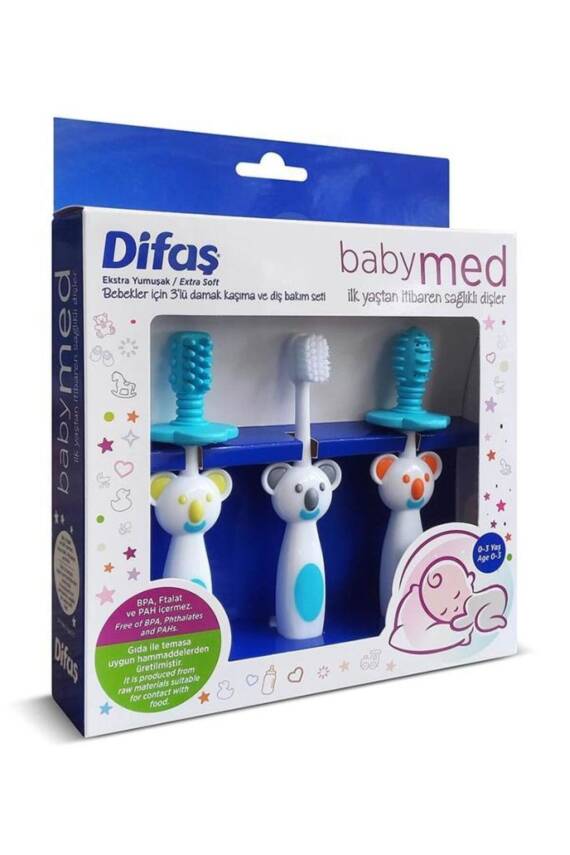 Difaş Babymed 3lü Damak Kaşıma ve Diş Bakım Seti Mavi - 1