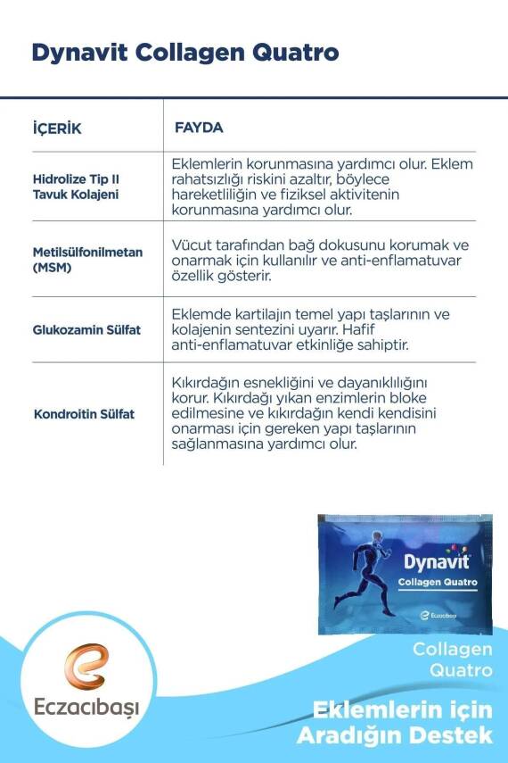Dynavit Collagen Quatro 30 Saşe - Hidrolize Peptit Tip 2 Tavuk Kolajeni, MSM, Glukozamin Sülfati - 4