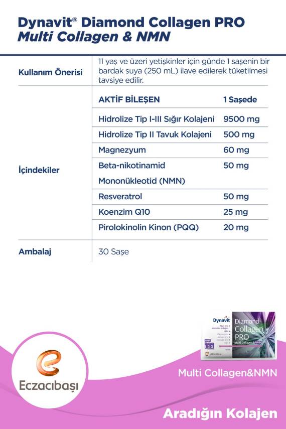 Dynavit Diamond Collagen PRO Tip I-II-III Hidrolize Multi Collagen&NMN Ananas Aromalı 30 Saşe - 3