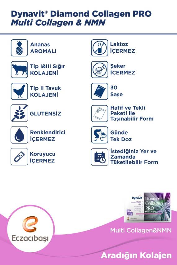 Dynavit Diamond Collagen PRO Tip I-II-III Hidrolize Multi Collagen&NMN Ananas Aromalı 30 Saşe - 4