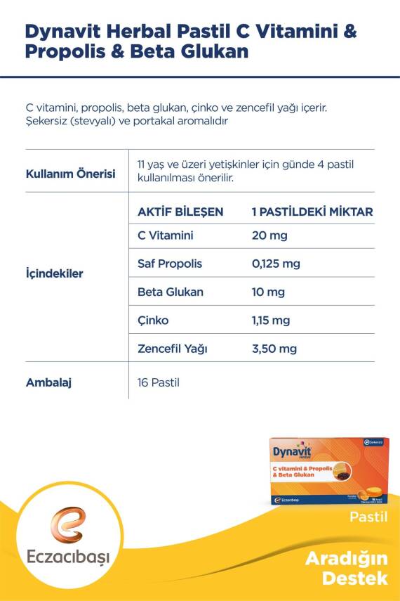 Dynavit Herbal Vitamin C Propolis ve Betaglukan 16 Pastil - 4