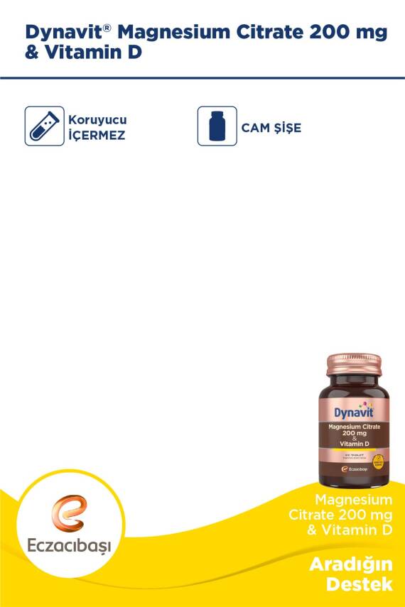 Dynavit Magnesium Citrate 200 mg & Vitamin D 60 Tablet - Magnezyum Sitrat, D Vitamini - 3