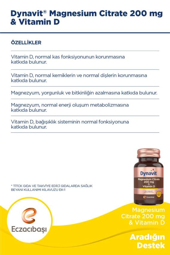 Dynavit Magnesium Citrate 200 mg & Vitamin D 60 Tablet - Magnezyum Sitrat, D Vitamini - 4