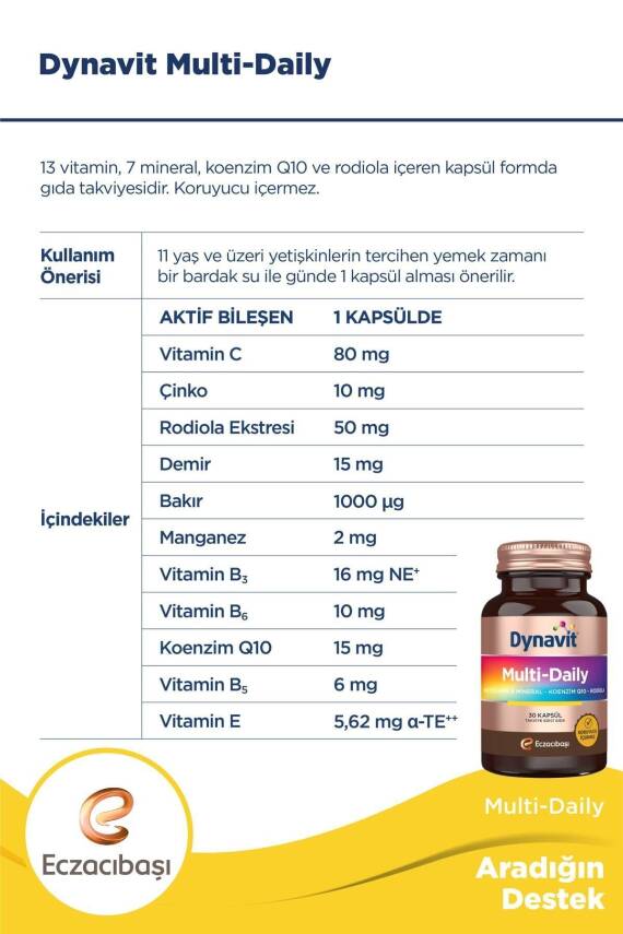 Dynavit Multi-daily Multivitamin&Mineral-Koenzim Q10-Rodiola 30 Kapsül - 3