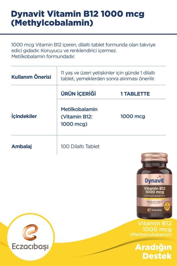 Dynavit Vitamin B12 1000 Mcg 100 Tablet - 3
