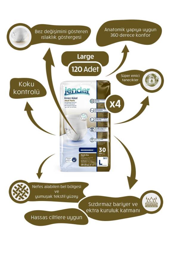 Jender Emici Külot Yetişkin Hasta Bezi Large 30'lu x 4 Adet - 1