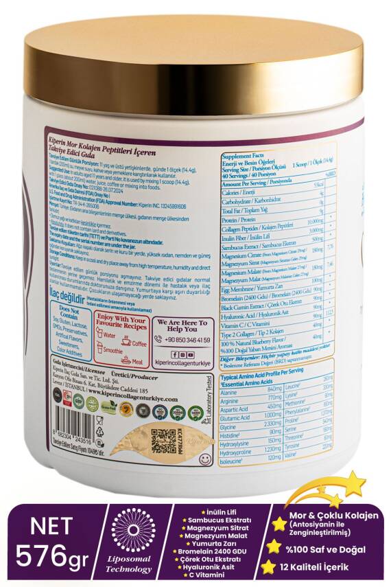 Kiperin %100 Saf ve Doğal Mor & Çoklu Kolajen Peptitleri içeren Lipozomal Teknoloji Diyet Takviyesi (576gr) - 2