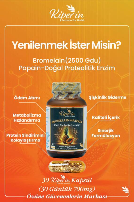 Kiperin Bromelain(2500 GDU) & Papain - Doğal Proteolitik Enzim (30KAPSÜL & 700MG) - 2