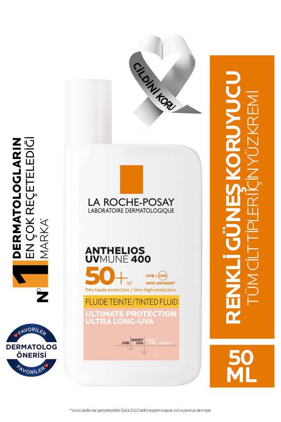 La Roche Posay Anthelios Uvmune Fluide SPF+50 Tüm Ciltler İçin Yüksek Korumalı Renkli Yüz Güneş Kremi 50ml - 1