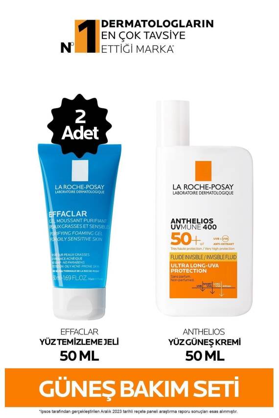 La Roche Posay Effaclar Sivilceye Eğilimli Ciltler İçin Yüz Temizleme Jeli 50mlx2&Anthelios Güneş Kremi 50ml - 1
