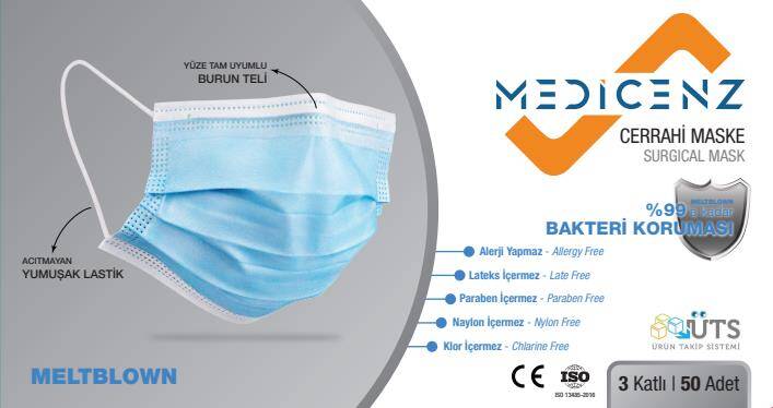 Medicenz Cerrahi Maske Beyaz 3 Katlı 50 adet (ÜTS Kayıtlı) - 1
