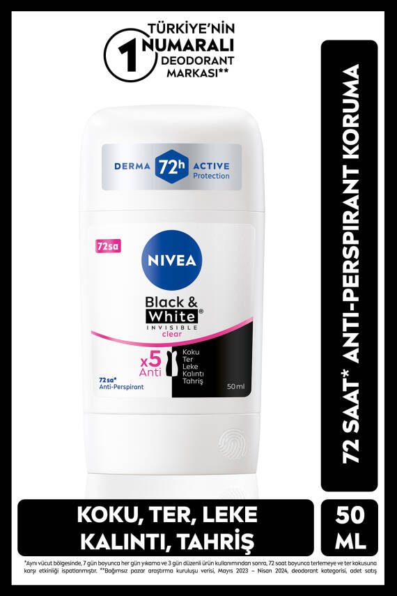 Nivea Kadın Stick Deodorant Black&white Invisible Clear 50ml, 72 Saat Anti-perspirant Ter Koruması - 1