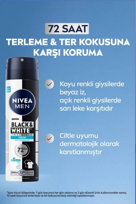 Nivea MEN Erkek Sprey Deodorant Black&white Invisible Fresh 150ml, 72 Saat Anti-Perspirant Ter Koruması - 3