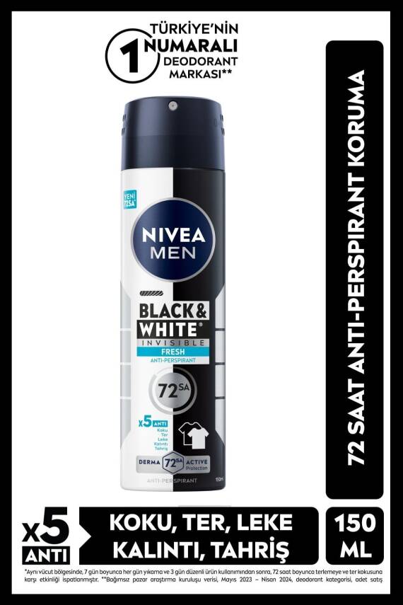 Nivea MEN Erkek Sprey Deodorant Black&white Invisible Fresh 150ml, 72 Saat Anti-Perspirant Ter Koruması - 1