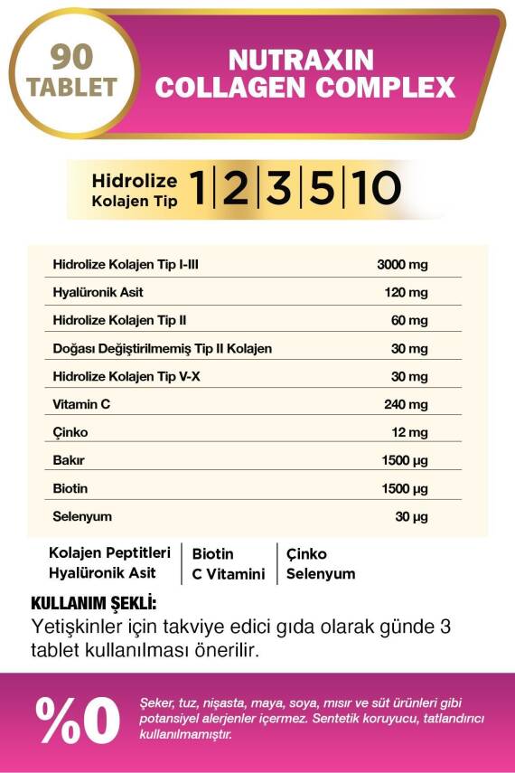 Nutraxin Collagen Beauty Complex 90 Tbl - Hidrolize Tip 1, 2, 3, 5, 10, Biotin, Zinc, Bakır, Hya, - 3