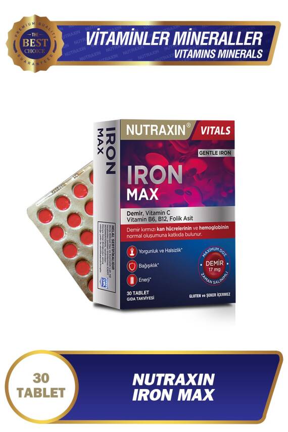 Nutraxin Iron Max 17 Mg 30 Tablet - Gentle Iron, Vitamin C, B12, B6, Folik Asit - 1