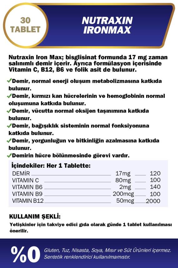 Nutraxin Iron Max 17 Mg 30 Tablet - Gentle Iron, Vitamin C, B12, B6, Folik Asit - 2