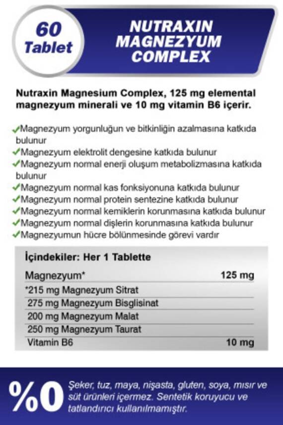 Nutraxin Magnezyum Complex 60 Tablet 125 Mg - Bisiglinat - Taurat - Malat - Sitrat - B6 - 3