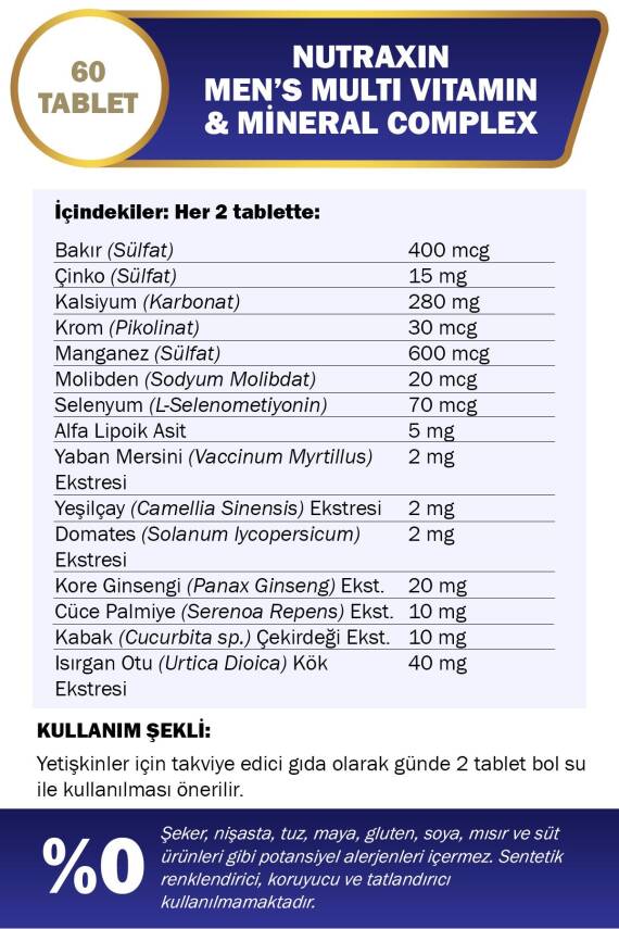 Nutraxin Men's Multi Vitamin Ve Mineraller Içeren Complex Takviye Gıda 60 Tablet - 3