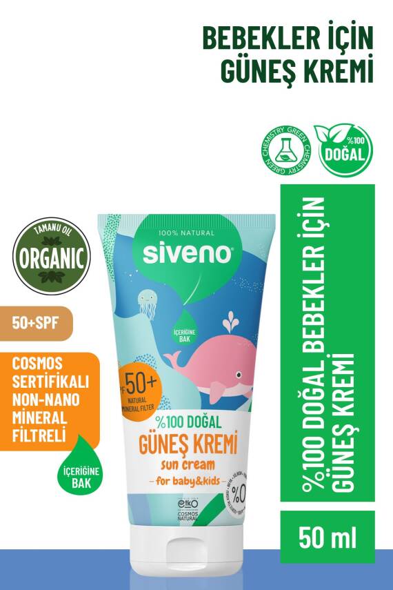 Siveno %100 Doğal Bebek Güneş Kremi Leke Karşıtı Antioksidan Nemlendirici Bitkisel Vegan UVA UVB SPF50 - 1