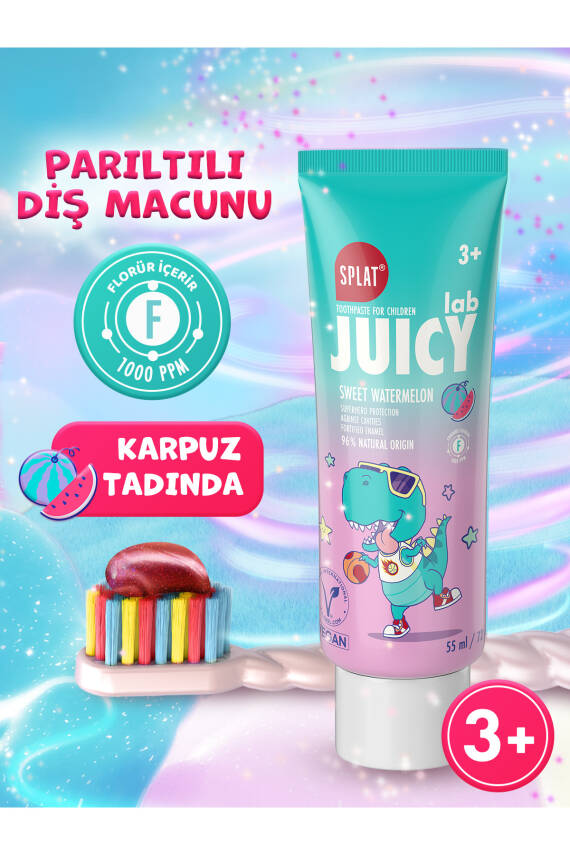 Splat Juicy Lab +3 Yaş Karpuzlu Çocuk Diş Macunu Renkli Simli Çürük Önleyici Doğal Macun - 1