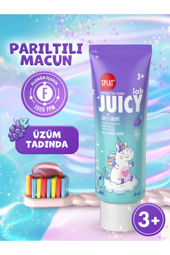 Splat Juicy Lab +3 Yaş Üzümlü Çocuk Diş Macunu Renkli Simli Çürük Önleyici Doğal Macun - 1
