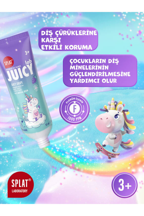 Splat Juicy Lab +3 Yaş Üzümlü Çocuk Diş Macunu Renkli Simli Çürük Önleyici Doğal Macun - 3