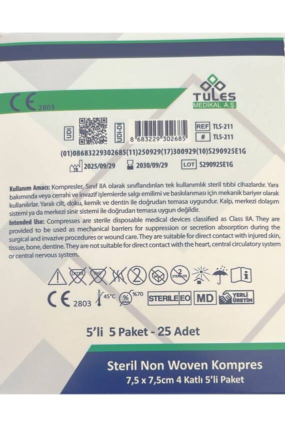 Tules Steril Non Woven Kompres Spanç 7,5 X 7,5cm 4 Katlı 5 'li 25li Paket-(25 adet) - 2
