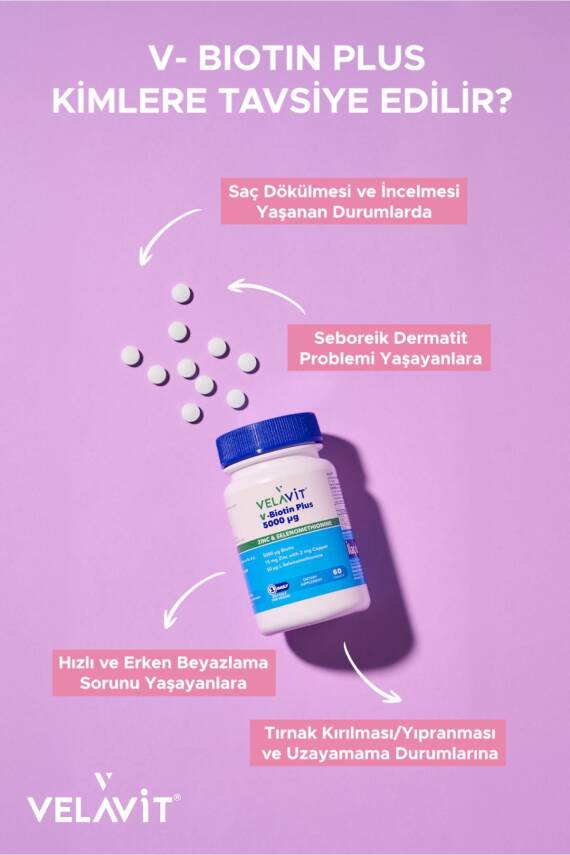 Velavit V-Biotin Plus 5000mcg Takviye Edici Gıda 60 Tablet - 6