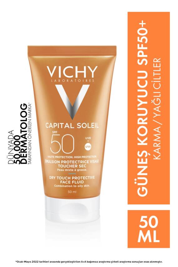 Vichy Capital Soleil Dry Touch Parlama Karşıtı Yüksek Korumalı Yüz Güneş Kremi SPF50 50 ml - 1