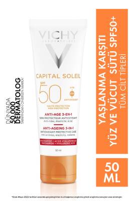Vichy Capital Soleil Yüksek Korumalı 3ü1 Arada Yaşlanma Karşıtı Yüz Güneş Kremi Spf 50 (UVA UVB) 50 ml - Vichy
