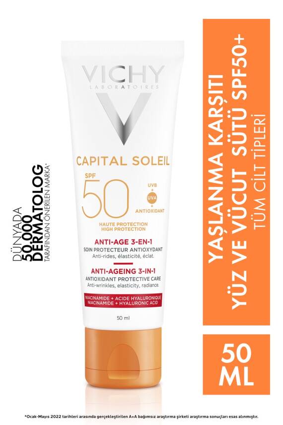 Vichy Capital Soleil Yüksek Korumalı 3ü1 Arada Yaşlanma Karşıtı Yüz Güneş Kremi Spf 50 (UVA UVB) 50 ml - 1