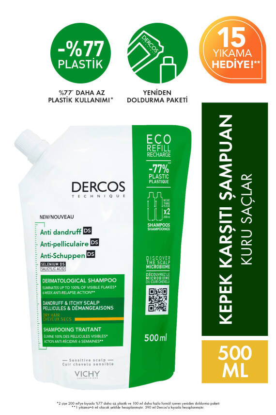 Vichy Dercos Anti-dandruff Kepek Karşıtı Bakım Şampuanı, Kuru Saçlar , Yeniden Dolum Paketi 500 Ml - 1