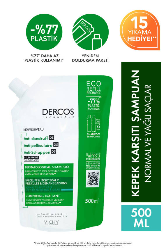 Vichy Dercos Anti-dandruff Kepek Karşıtı Şampuan, Normal & Yağlı Saçlar, Yeniden Dolum Paketi 500 Ml - 1