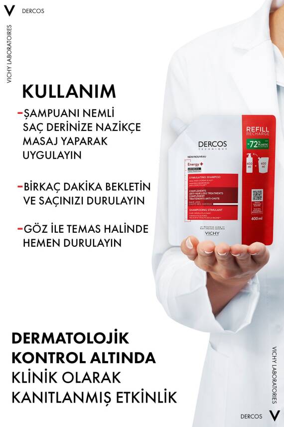 Vichy Dercos Energising Saç Dökülmesine Karşı Şampuan, Yeniden Dolum Paketi 400 ml - 8