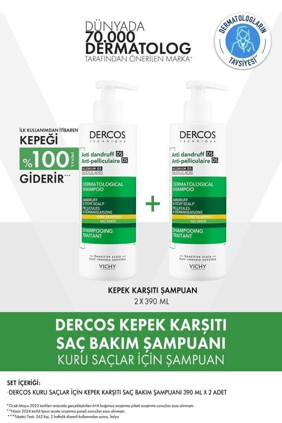 Vichy Dercos Kepeğe Karşı Etkili Bakım Kuru Saç Derisi Şampuanı 390 X 2 - 1