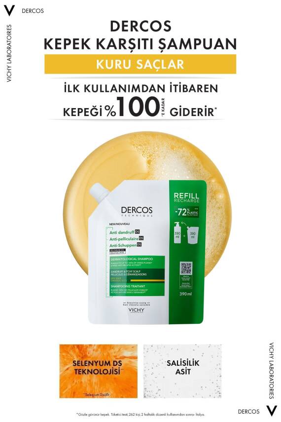 Vichy Dercos Kuru Saçlar İçin Kepek Karşıtı Saç Bakım Şampuanı, Yeniden Dolum Paketi 390 ml - 5
